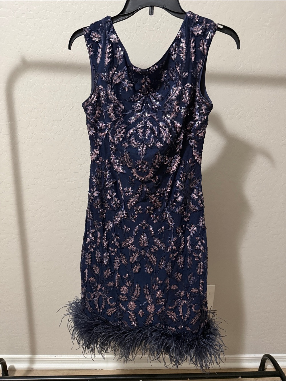 Eliza J Navy Dress with Rose-Gold Sequin Embroidery and Feather Hem